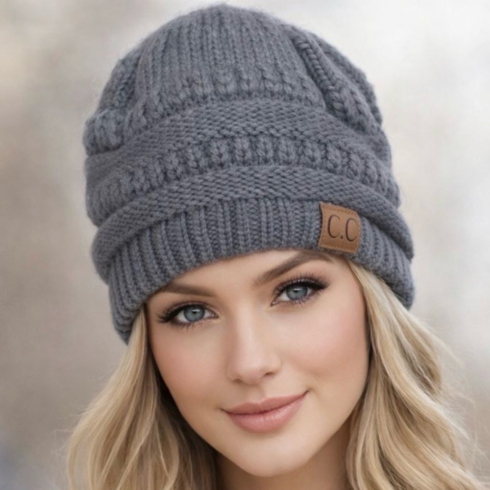 C.C. Beanie Women’s Gray Hat Cable Knit Classic Slouchy Winter Cap Grey Ribbed